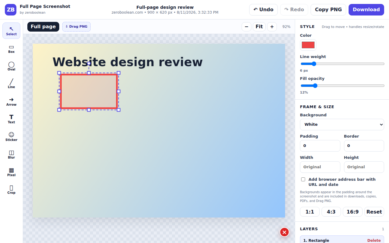 Screenshot editor showing an active rectangle with resize and rotation handles
