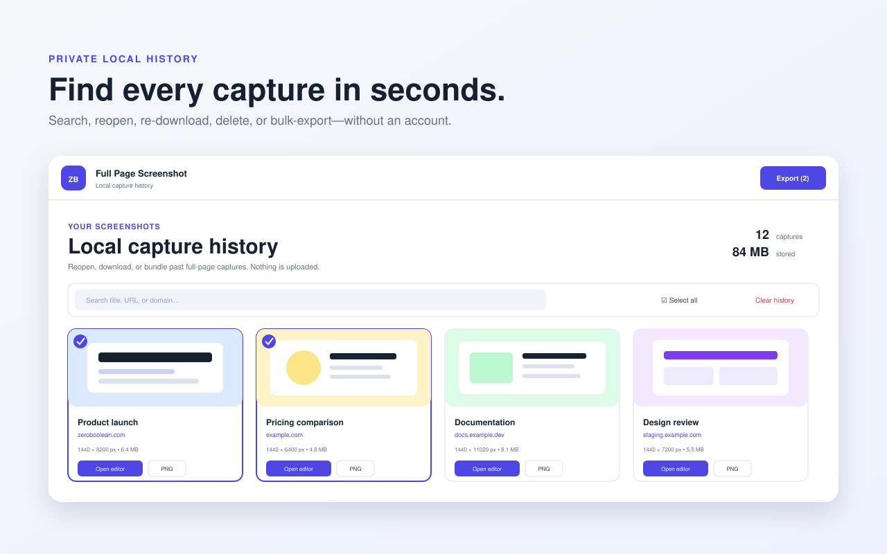 Local screenshot history with searchable capture cards